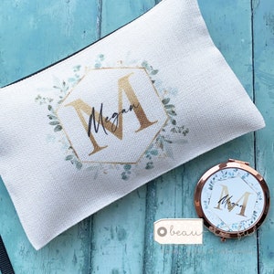 Personalised Name and Initial.. Eucalyptus Greenery Design Linen Style Make up Bag Birthday Gift for Mum Friends Sister Aunt