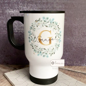 Personalised Eucalyptus Greenery Wreath Travel Mug - Coffee Mug - Gift Mug  - Cup