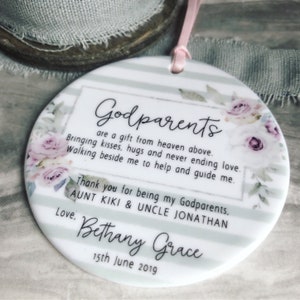 Personalised Godmother Godparents Thank you Decoration Pastel Floral Botanical....Round Ceramic ... - Keepsake Decoration - Ornament