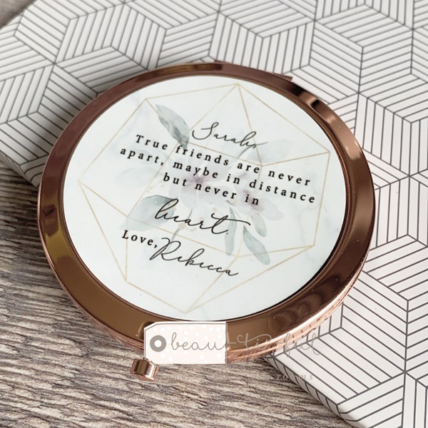 Personalised True Friends are never apart ... Thank you Friend Quote Floral Greenery Rose Gold Compact Mirror Wedding Gift