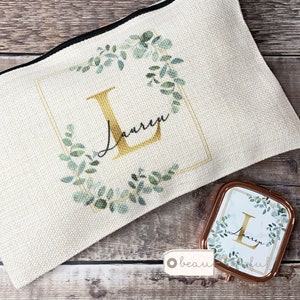 Personalised Name and Initial.. Eucalyptus Geometric Greenery Design Linen Style Make up Bag Birthday Gift for Mum Friends Sister Aunt