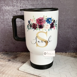Personalised Name Burgundy Navy Floral Greenery Travel Mug - Coffee Mug - Gift Mug  - Cup