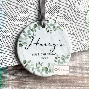 Personalised Baby’s First Christmas New Baby Boy Girl Newborn Geometric Greenery Ceramic Round Decoration Ornament Keepsake