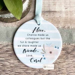 Personalised Chance made us colleagues .. Pastel Blue stripe Ceramic .. - Keepsake Decoration - Workmates Friendship Gift - Friends