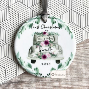 Personalised First Christmas Married as Mr & Mrs Wedding Pink Mauve Floral Vintage Car Ceramic or Acrylic Round Decoration Ornament Keepsake