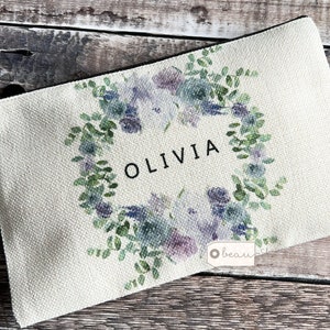 Personalised Name.. lilac Floral Greenery Design Linen Style Make up Bag Birthday Gift for Mum Friends Sister Aunt