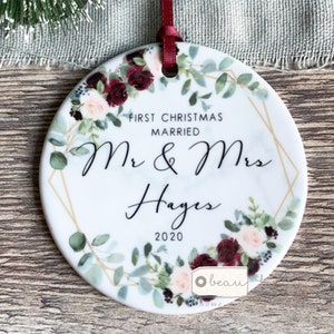Personalised First Christmas Married as Mr & Mrs Wedding gift Geometric Greenery Ceramic or Acrylic Round Decoration Ornament Keepsake