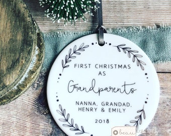 Personalised First Christmas as Grandparents Monochrome wreath Ceramic Round Decoration Ornament Keepsake