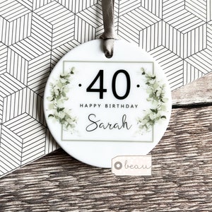 Personalised Happy Birthday Quote Modern Geometric Greenery Ceramic Round Decoration Ornament