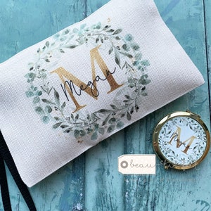 Personalised Name and Initial.. Eucalyptus Greenery Wreath Design Linen Style Make up Bag Birthday Gift for Mum Friends Sister Aunt
