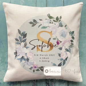 Personalised New Baby Name and Initial White Pink Floral Wreath Design Home Quote Linen Style Cushion decor cover