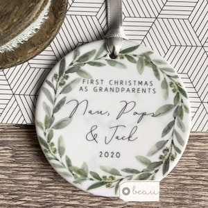 Personalised First Christmas As Grandparents Grandma Nana Grandpa Botanical Wreath marble style  Ceramic Round Decoration Ornament Keepsake