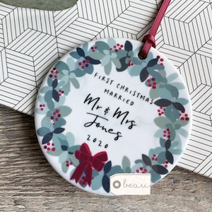 Personalised First Christmas Married as Names Mr & Mrs Wedding Traditional Wreath Greenery Ceramic Round Decoration Ornament Keepsake