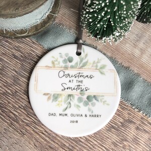 Personalised Christmas At the .... Family Framed Greenery Ceramic Round Decoration Ornament Keepsake