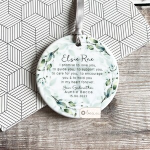 Personalised Godparents Godmother Godfather Promise to Godchild Christening Baptism Quote foliage greenery Ceramic Ornament Keepsake