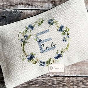 Personalised Name and Initial.. Blue Floral  Greenery Design Linen Style Make up Bag Mirror Mug Birthday Gift for Mum Friend Sister