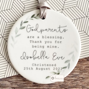 Personalised Godmother Godparents Godfather Thank you Decoration Botanical....Round Ceramic ... - Keepsake Decoration - Ornament