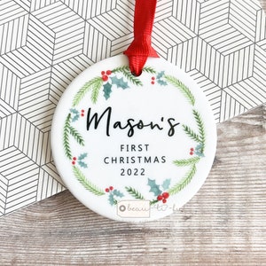 Personalised Baby’s First Christmas New Baby Boy Girl Newborn Holly Greenery Ceramic or Acrylic Round Decoration Ornament Keepsake