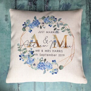 Personalised Just Married Initials Mr Mrs Wedding .. Blue Floral Geometric Greenery Design Linen Style Cushion decor cover