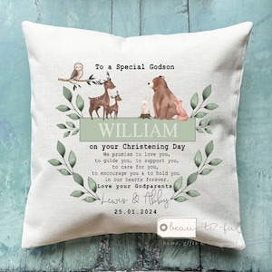 Personalised Promise to Godchild Godson Goddaughter Woodland Gift Linen Style Cushion Christening Baptism - Birth - Baby Girl Boy