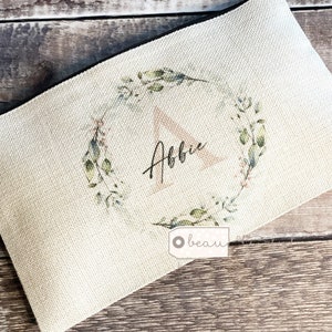 Personalised Name and Initial..   Pink Foliage Greenery Wreath Design Linen Style Make up Bag Birthday Gift for Mum Friends Sister Aunt