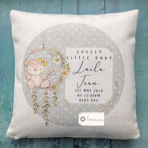 Gepersonaliseerde nieuwe baby... Kussenhoes in linnenstijl - New Born - Geboorte - Babymeisje Babyjongen