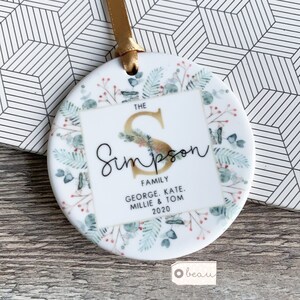 Personalised Family Christmas Monogram Greenery Ceramic Round Decoration Ornament Keepsake