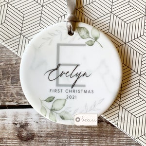 Personalised First Christmas gift Name Initial Baby Girl Boy Greenery Wreath Ceramic or Acrylic Round Decoration Ornament Keepsake