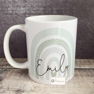 Personalised Name Pastel Greens Rainbow Design Home Ceramic Mug Friend Gift Child Gift