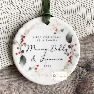 Personalised First Christmas As A Family Mummy Daddy Dad Mum Holly Foliage Geometric Ceramic Round Decoration Ornament Keepsake