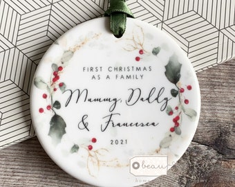 Personalised First Christmas As A Family Mummy Daddy Dad Mum Holly Foliage Geometric Ceramic Round Decoration Ornament Keepsake
