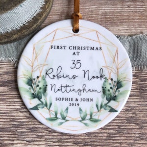 Personalised First Christmas New Home Address Geometric Greenery  Ceramic Round Decoration Ornament Keepsake