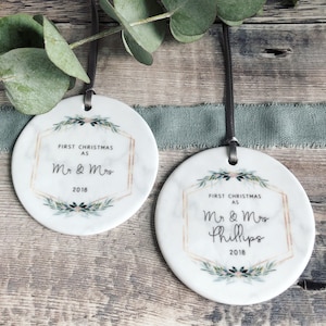 Personalised First Christmas As Mr Mrs Wedding Marble Style Quote Botanical Ceramic Round Decoration Ornament Keepsake