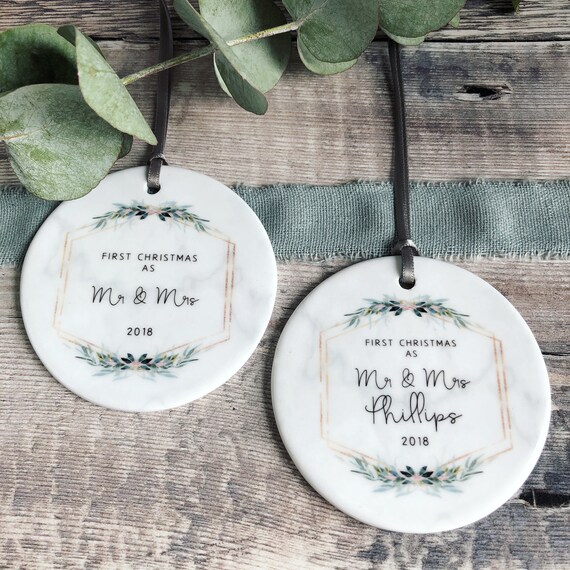 Personalised First Christmas Married Mr Mrs Wedding Botanical Ceramic Round Decoration Ornament Keepsake