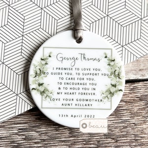 Personalised Godparents Godmother Godfather Promise to Godchild Christening Baptism Quote Modern Greenery Ceramic Ornament Keepsake