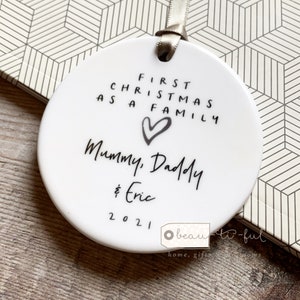 Personalised First Christmas as a family Monochrome Heart Ceramic Round Decoration Ornament Keepsake