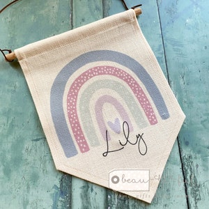 Personalised Name ... Lilac Pink Rainbow Design Home Quote Linen Style Hanging Pennant Flag Banner Children’s bedroom Decor