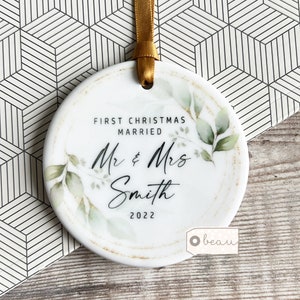 Personalised First Christmas Married Mr Mrs Wedding gift Bride Groom Greenery wreath Ceramic or Acrylic Round Decoration Ornament Keepsake