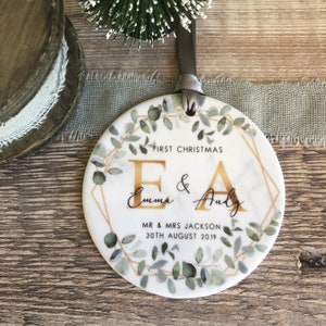 Personalised First Christmas Names Mr & Mrs Wedding Geometric Greenery Ceramic Round Decoration Ornament Keepsake