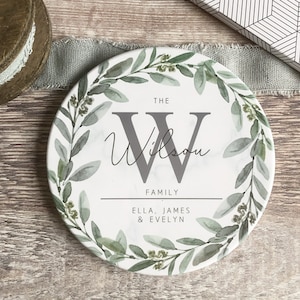 Personalised Name and Initial Family Greenery Wreath Marble Style Ceramic Round Coaster