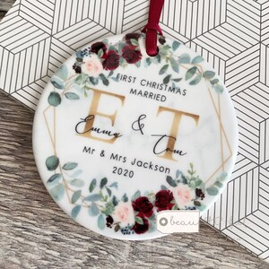 Personalised First Christmas Names Mr & Mrs Wedding Geometric Burgundy Greenery Ceramic Round Decoration Ornament Keepsake