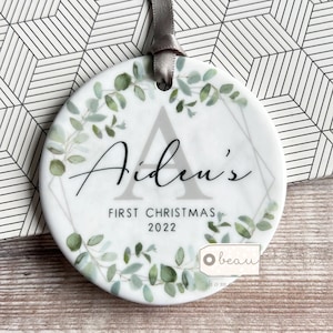 Personalised Baby’s First Christmas New Baby Boy Girl Newborn Geometric Greenery Ceramic Round Decoration Ornament Keepsake
