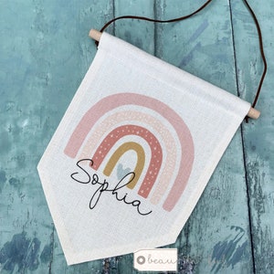 Personalised Name ... Pastel Rainbow Design Home Quote Linen Style Hanging Pennant Flag Banner Children’s bedroom Decor