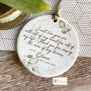 Personalised Mother of Groom Bride Thank you from Bride Groom Quote Botanical Greenery Ceramic Round Decoration Ornament Wedding Keepsake