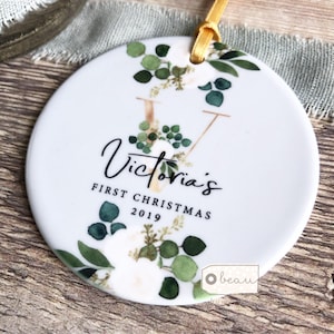 Personalised First Christmas Baby Girl Boy Initial  Botanical Ceramic Round Decoration Ornament Keepsake