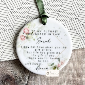 Personalised Future Daughter in law Bride Thank you Quote Pink Floral wreath ceramic or Acrylic Round Decoration Ornament Wedding Keepsake