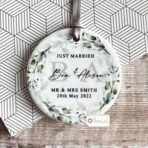 Personalised Just Married Names Mr & Mrs Wedding Eucalyptus Greenery Wreath Ceramic Round Decoration Ornament Keepsake