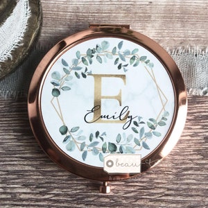 Personalised Initial and Name Geometric Greenery Round Rose Gold Compact Mirror Wedding Bridesmaid Gift