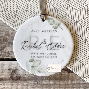 Personalised Just Married Names Mr & Mrs Wedding Greenery Ceramic Round Decoration Ornament Keepsake
