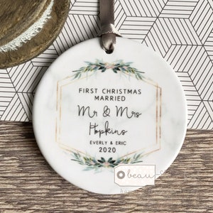 Personalised First Christmas Married Mr Mrs Wedding gift Marble Style Botanical Ceramic or Acrylic Round Decoration Ornament Keepsake
